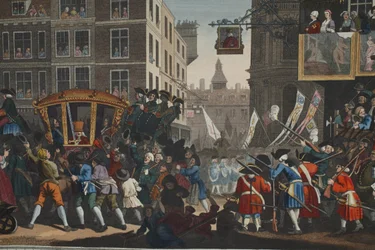 Ahkera Lontoon Prentice Lord Mayor, levy XII teoksesta "Teollisuus ja tyhjäkäynti, kuvitus teoksesta "Hogarth Restored: The Whole Works of the Posted William Hogarth, uudelleenkaiverrettu Thomas Cook"